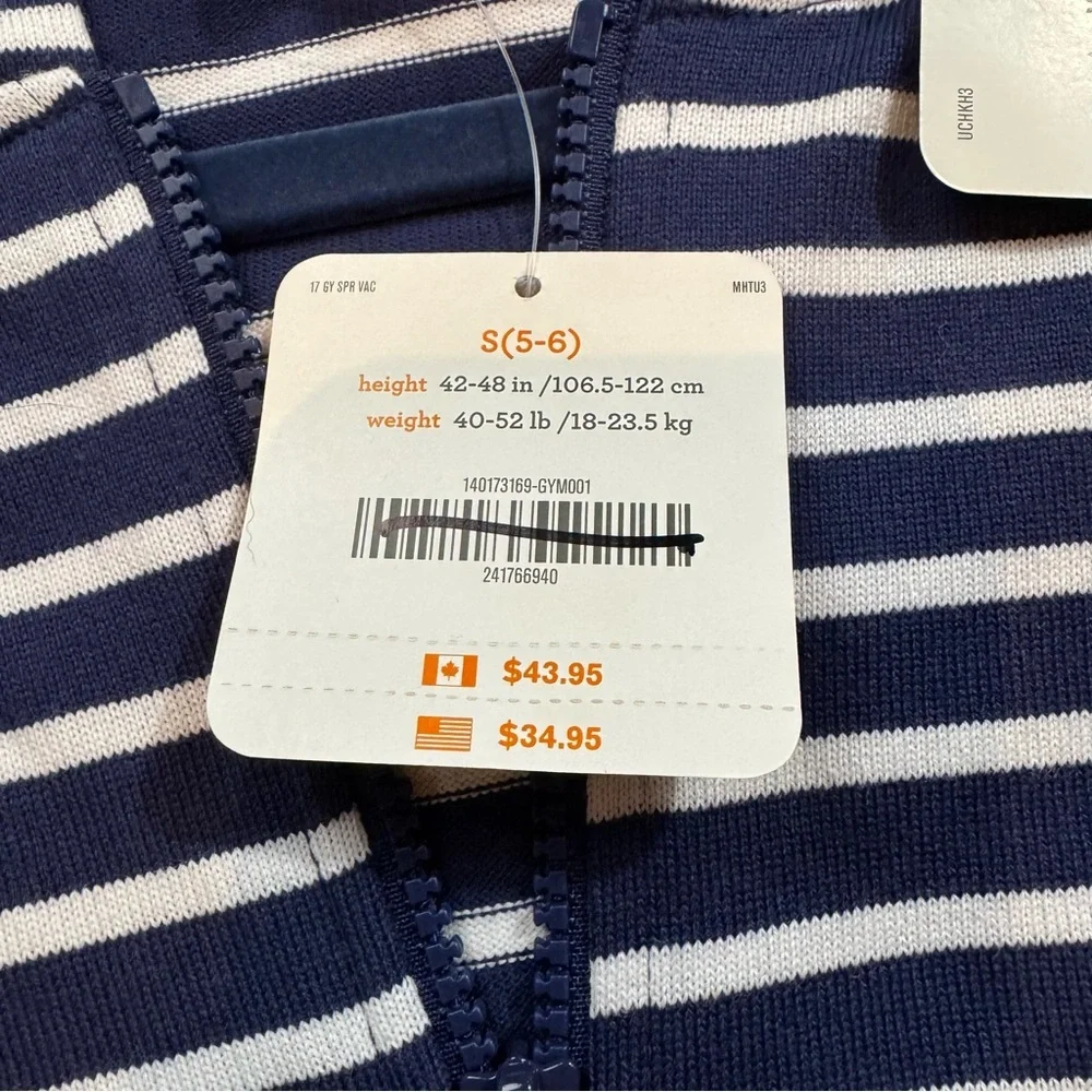 B84. NWT Kids Gymboree Navy &‎ White Striped Hoodie (S 5/6)